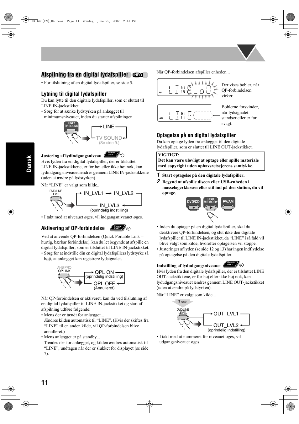 Dansk afspilning fra en digital lydafspiller, Lytning til digital lydafspiller, Aktivering af qp-forbindelse | Optagelse på en digital lydafspiller | JVC Micro Component System UX-G48 User Manual | Page 98 / 208