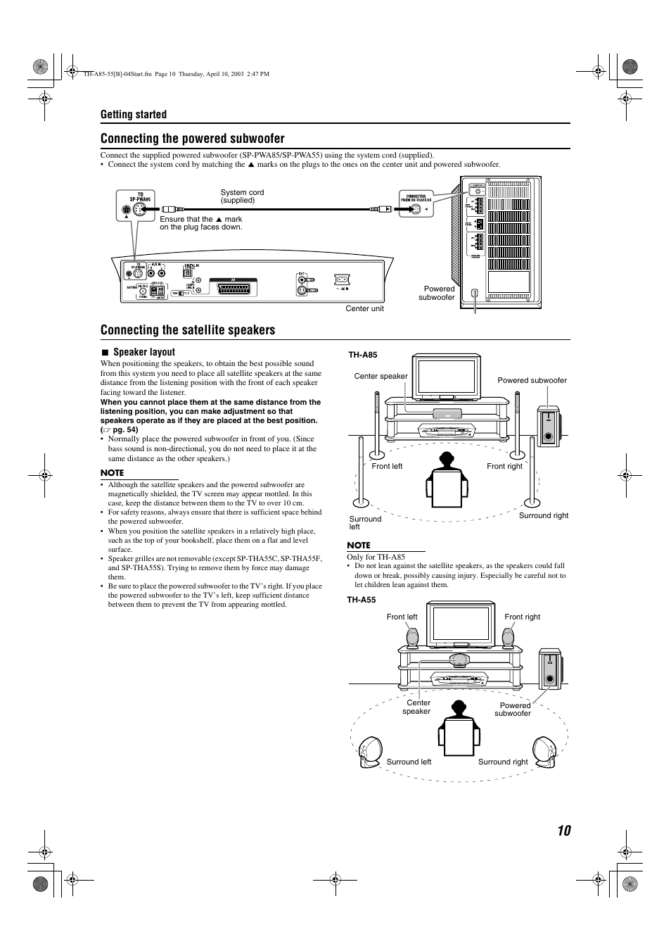 Connecting the powered subwoofer, Connecting the satellite speakers | JVC TH-A85 User Manual | Page 13 / 68