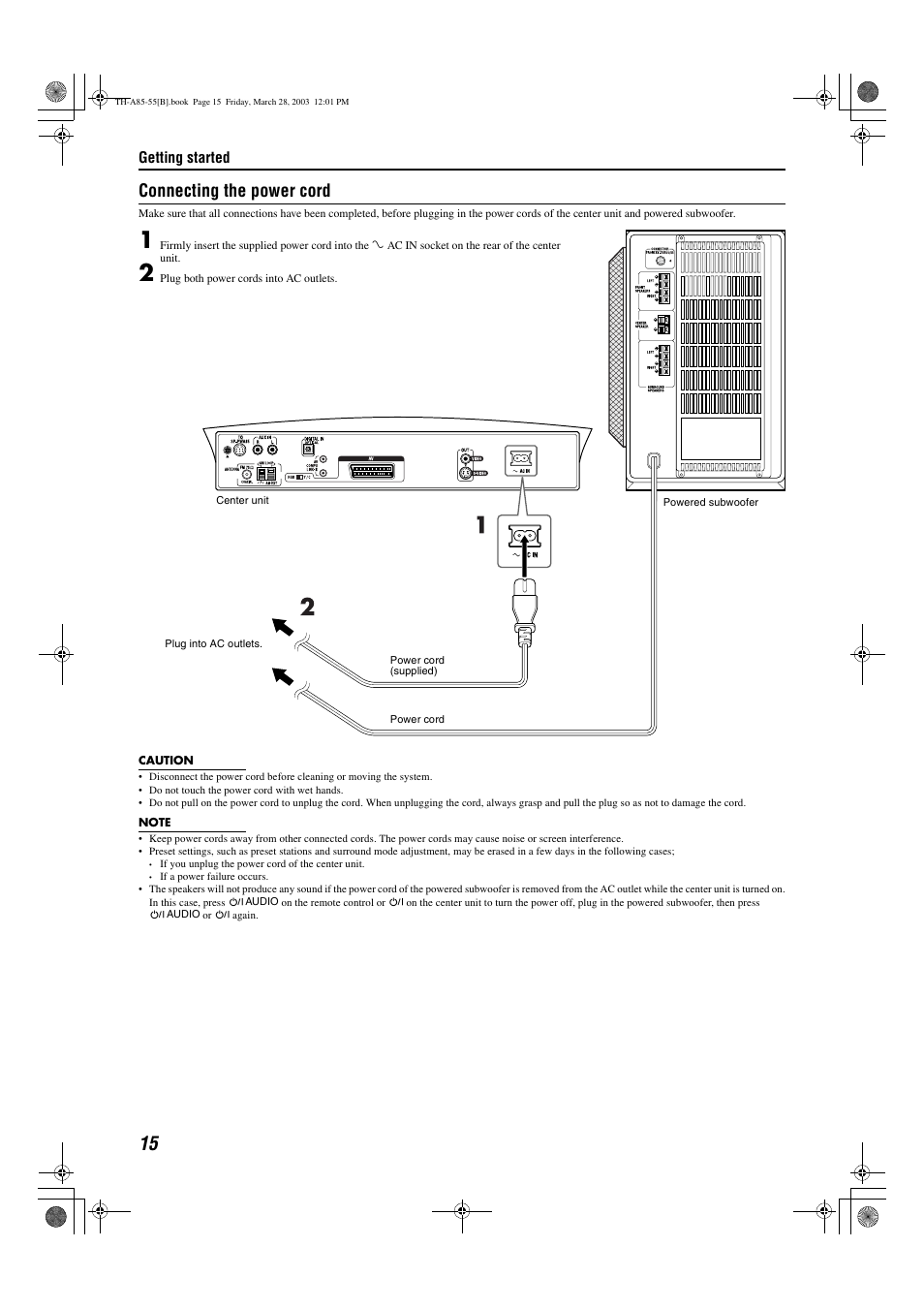 Connecting the power cord | JVC TH-A85 User Manual | Page 18 / 68