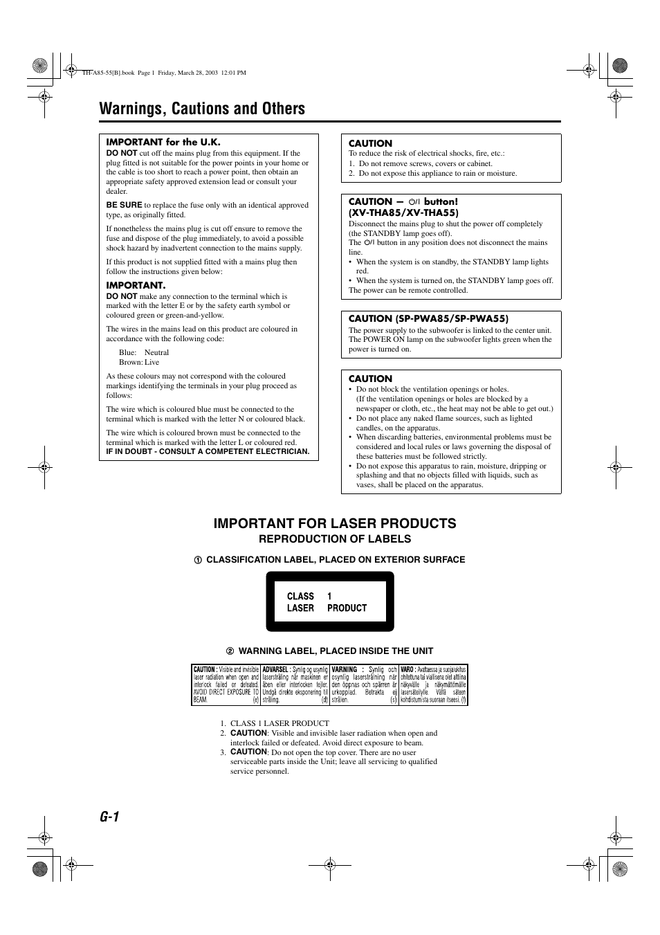 Warnings, cautions and others, Important for laser products | JVC TH-A85 User Manual | Page 2 / 68