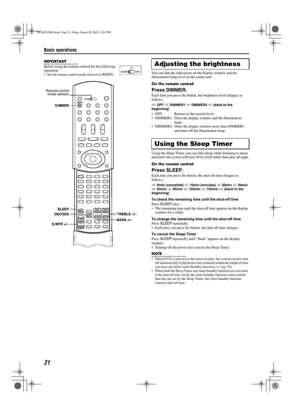 Adjusting the brightness using the sleep timer, Basic operations, Press dimmer | Press sleep | JVC TH-A85 User Manual | Page 24 / 68