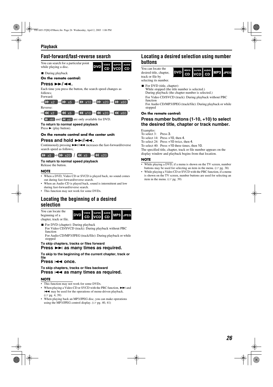 Fast-forward/fast-reverse search, Locating the beginning of a desired selection, Locating a desired selection using number buttons | JVC TH-A85 User Manual | Page 29 / 68