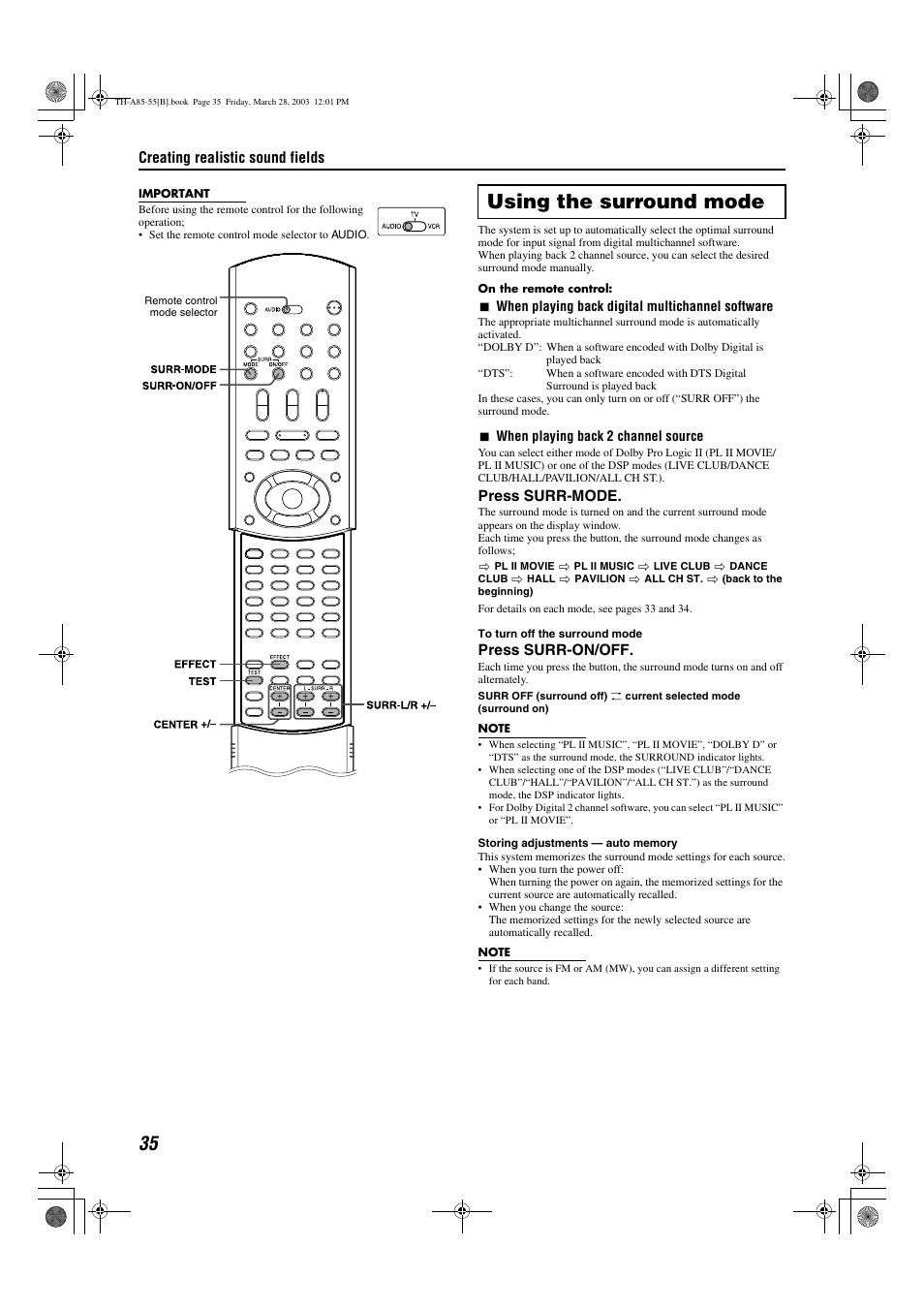 Using the surround mode, Creating realistic sound fields, Press surr-mode | Press surr-on/off | JVC TH-A85 User Manual | Page 38 / 68