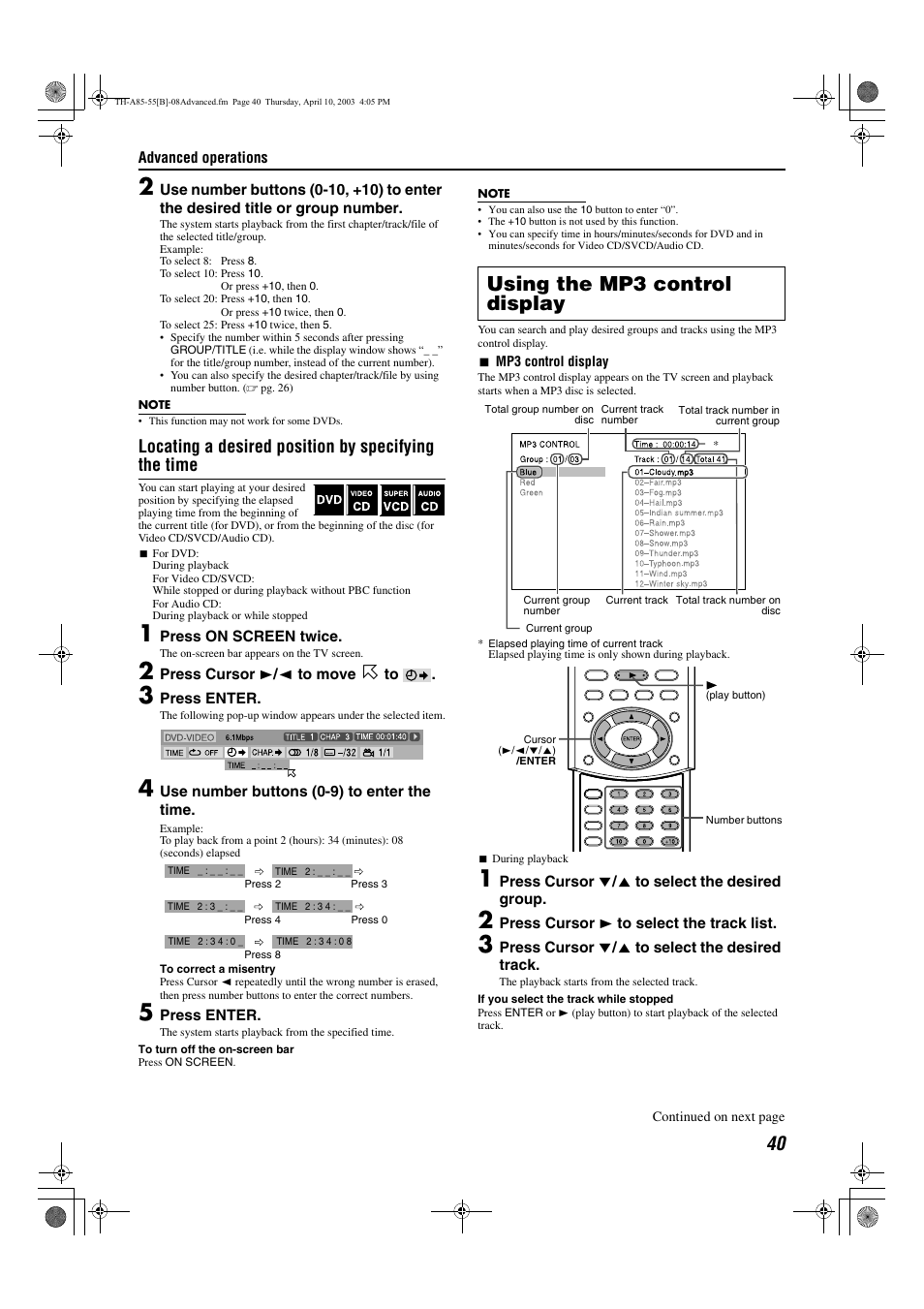 Using the mp3 control display, Locating a desired position by specifying the time | JVC TH-A85 User Manual | Page 43 / 68