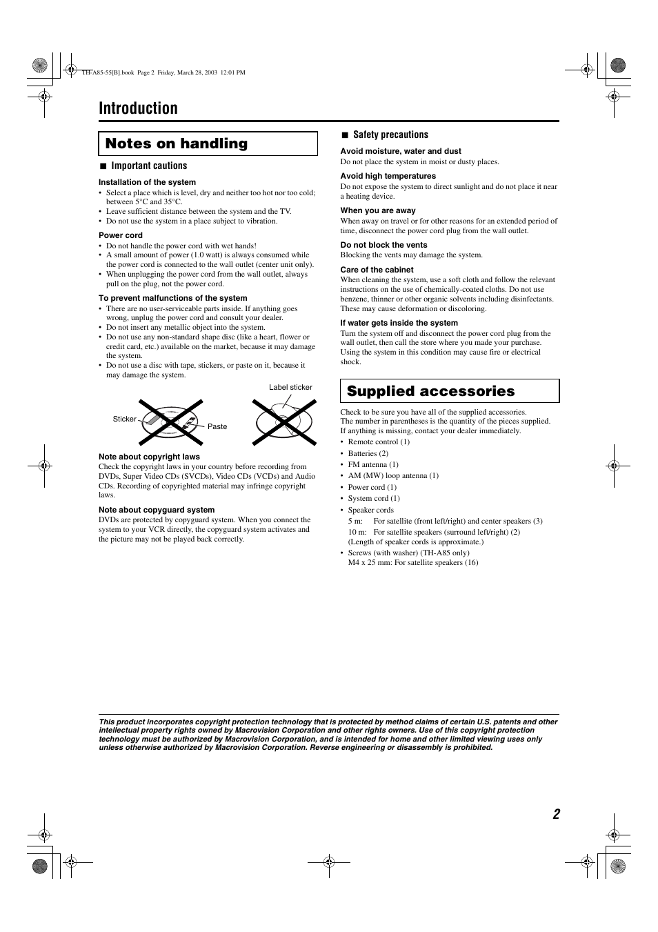 Introduction, Supplied accessories | JVC TH-A85 User Manual | Page 5 / 68