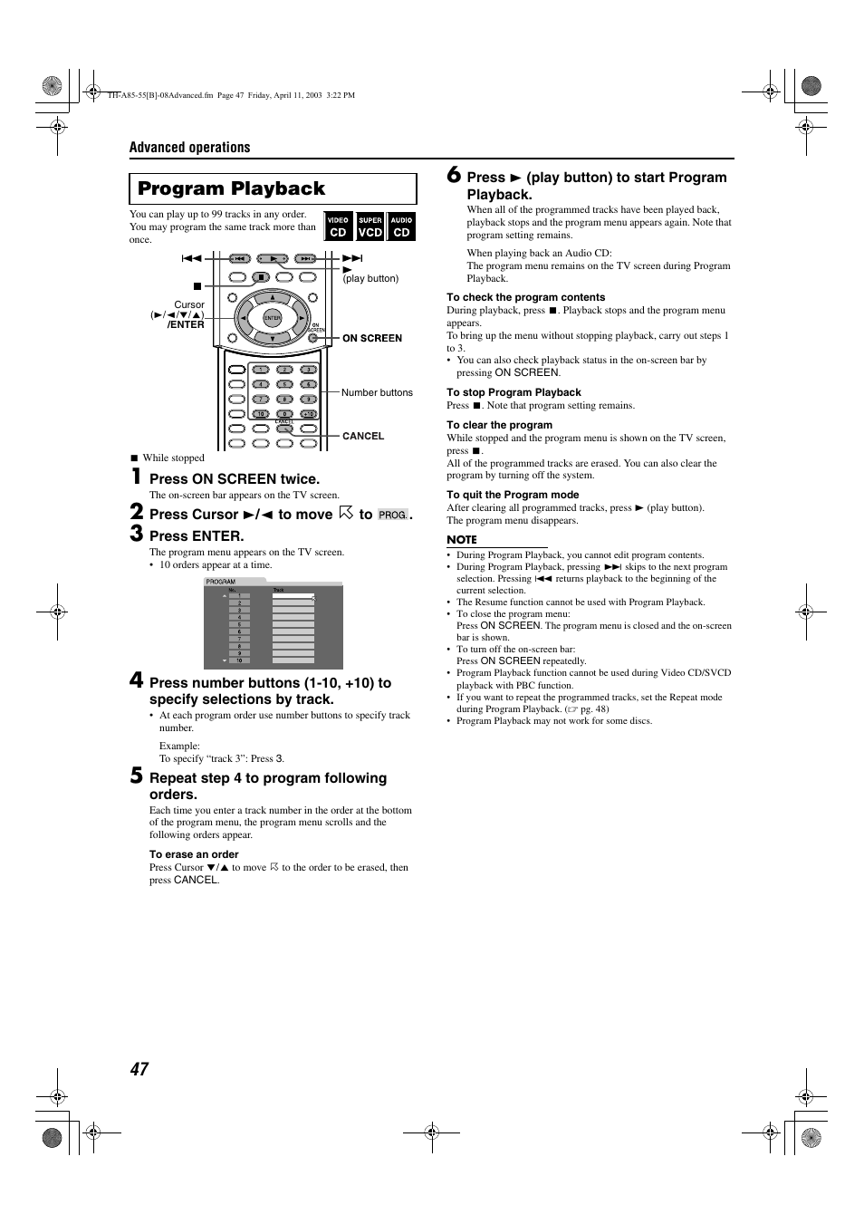 Program playback | JVC TH-A85 User Manual | Page 50 / 68
