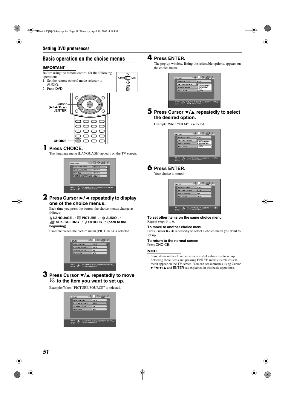 Basic operation on the choice menus | JVC TH-A85 User Manual | Page 54 / 68