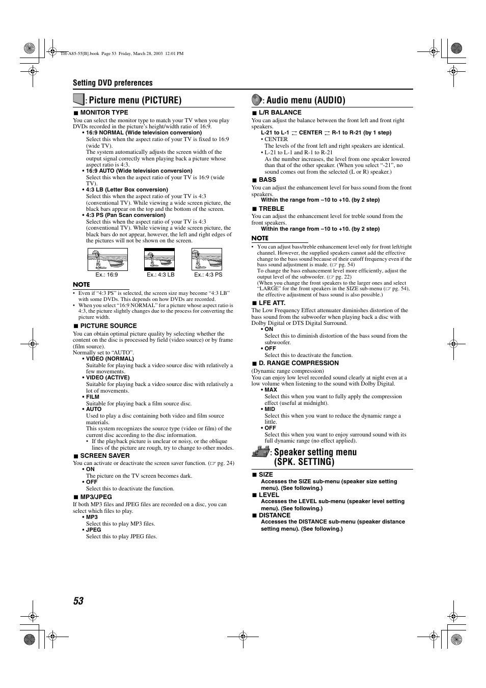 Picture menu (picture), Audio menu (audio), Speaker setting menu (spk. setting) | Setting dvd preferences | JVC TH-A85 User Manual | Page 56 / 68