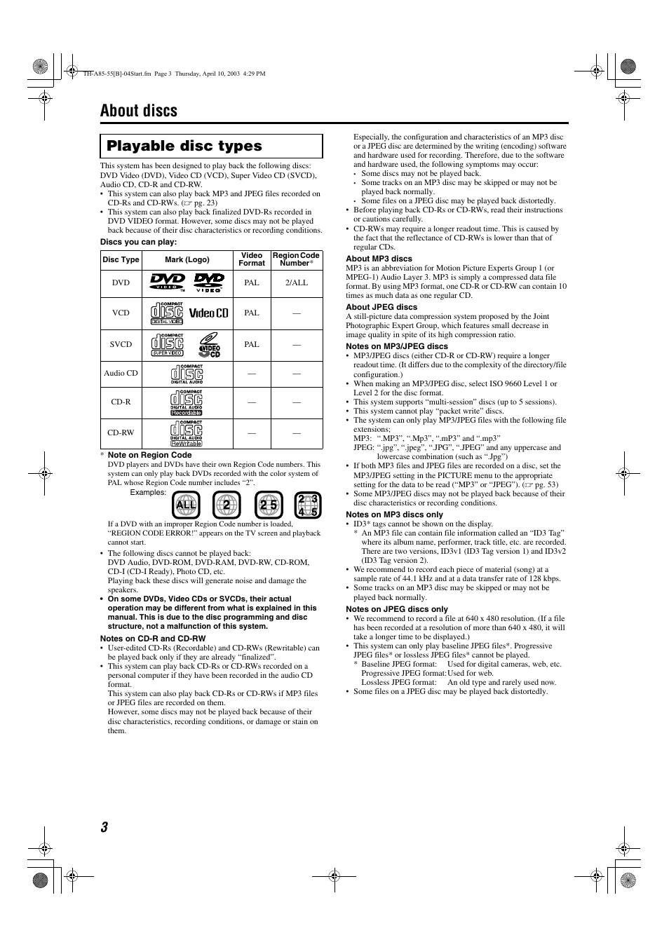 About discs, Playable disc types | JVC TH-A85 User Manual | Page 6 / 68