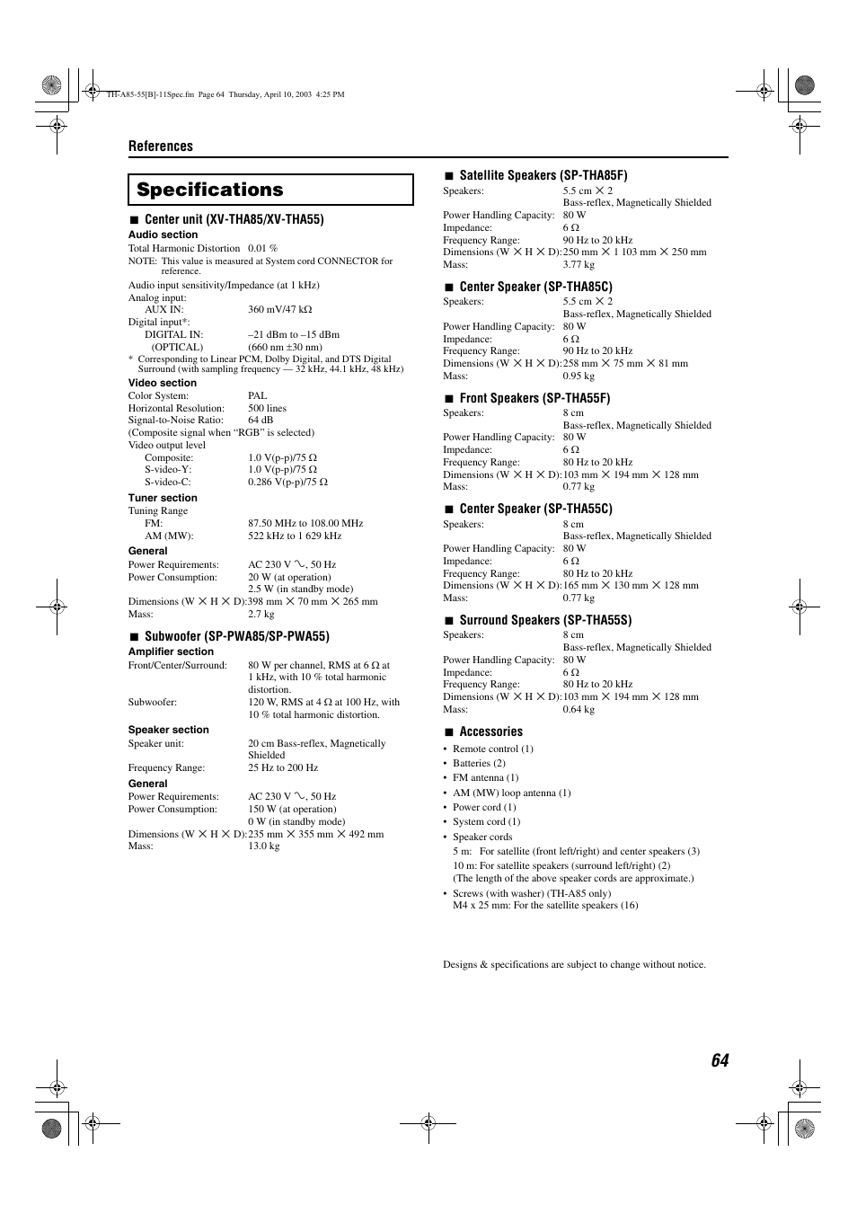 Specifications, References | JVC TH-A85 User Manual | Page 67 / 68