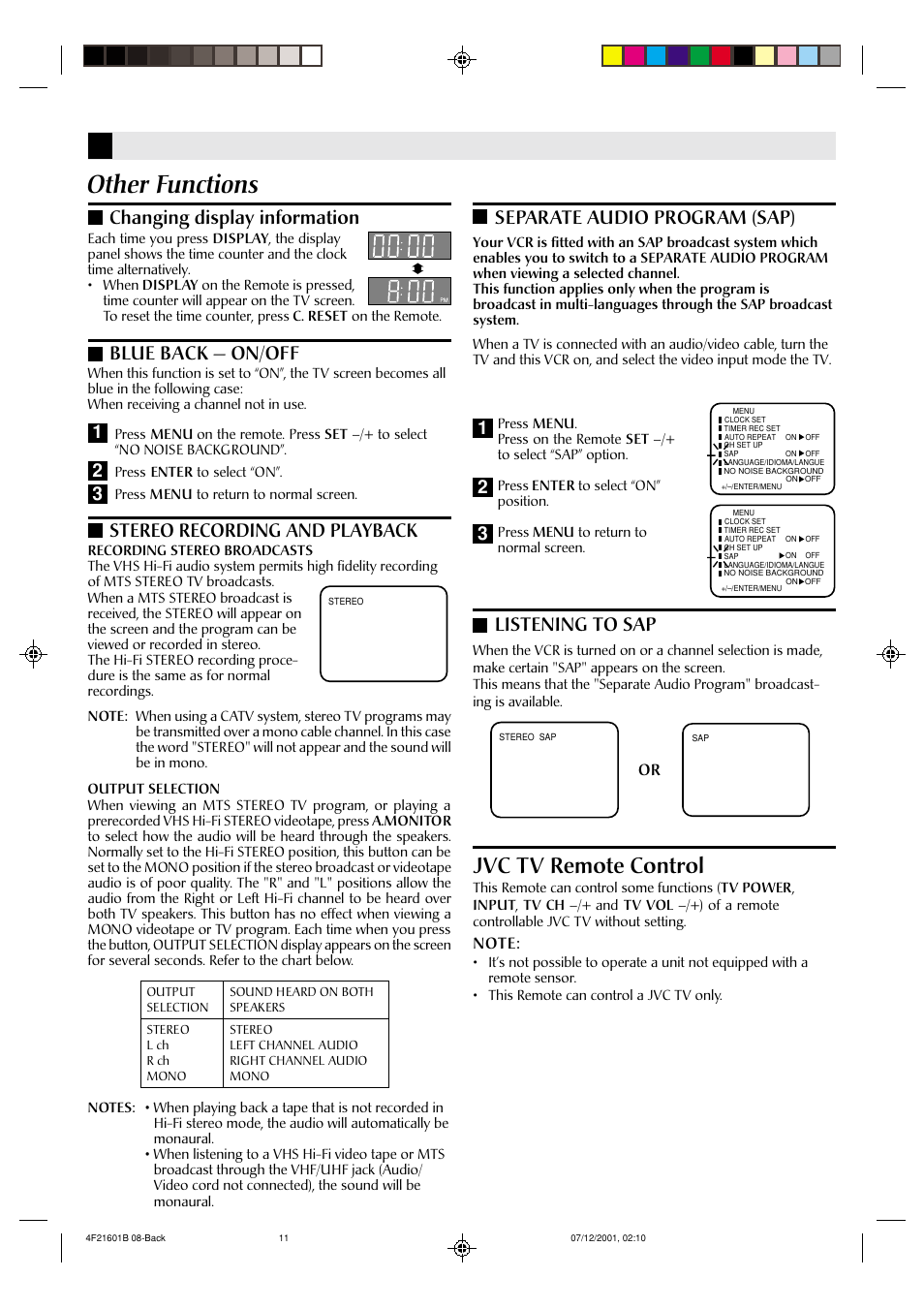 Other functions, Jvc tv remote control, Changing display information | Blue back — on/off, 12 3 separate audio program (sap), Listening to sap, Stereo recording and playback | JVC HR-A591U User Manual | Page 11 / 16