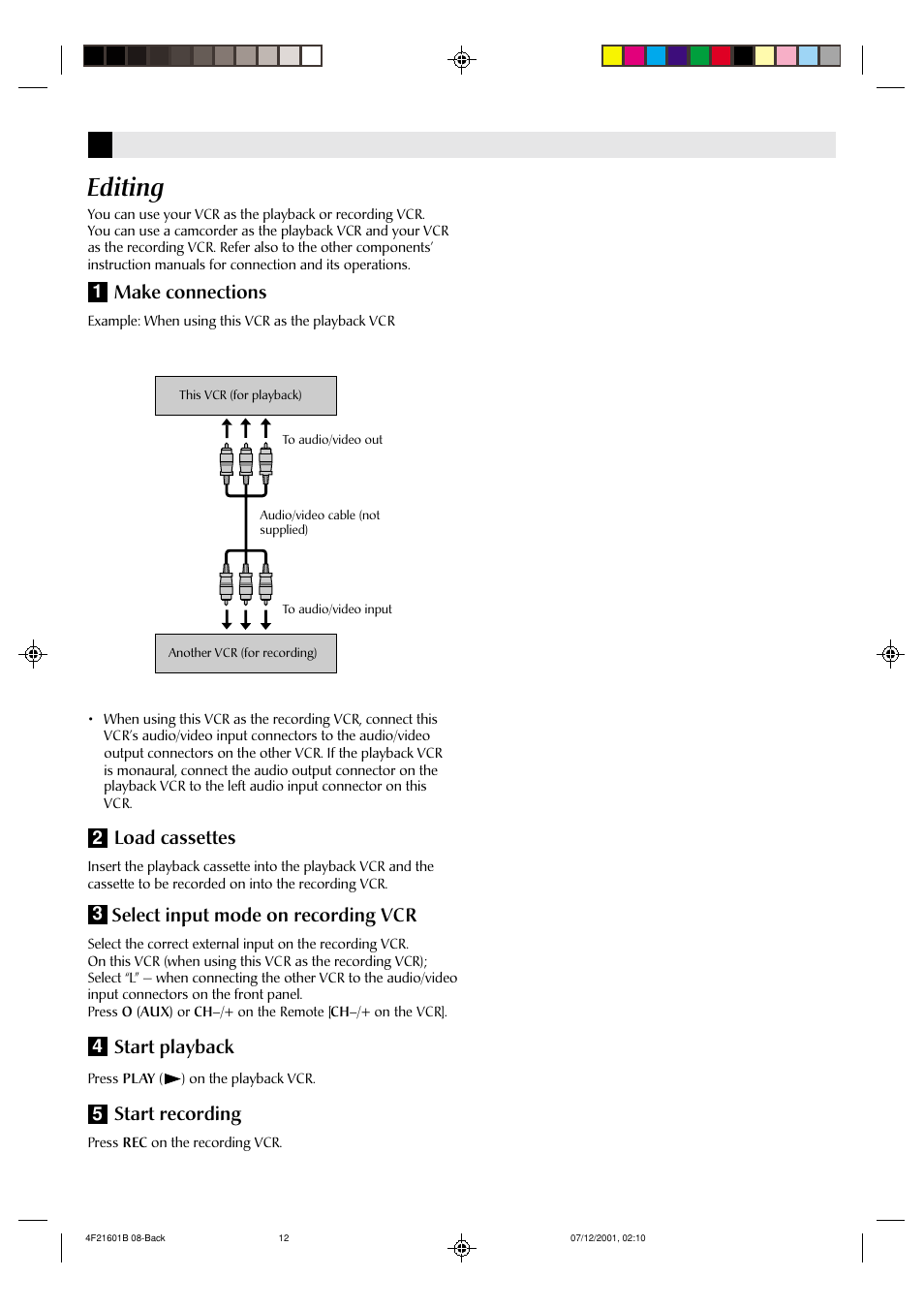 Editing, Make connections, Load cassettes | Select input mode on recording vcr, Start playback, Start recording | JVC HR-A591U User Manual | Page 12 / 16