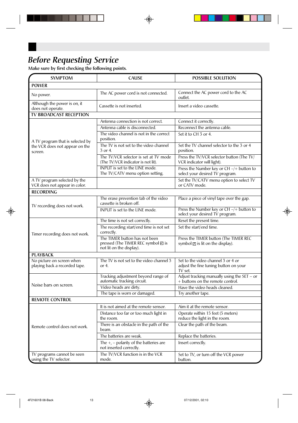 Before requesting service | JVC HR-A591U User Manual | Page 13 / 16