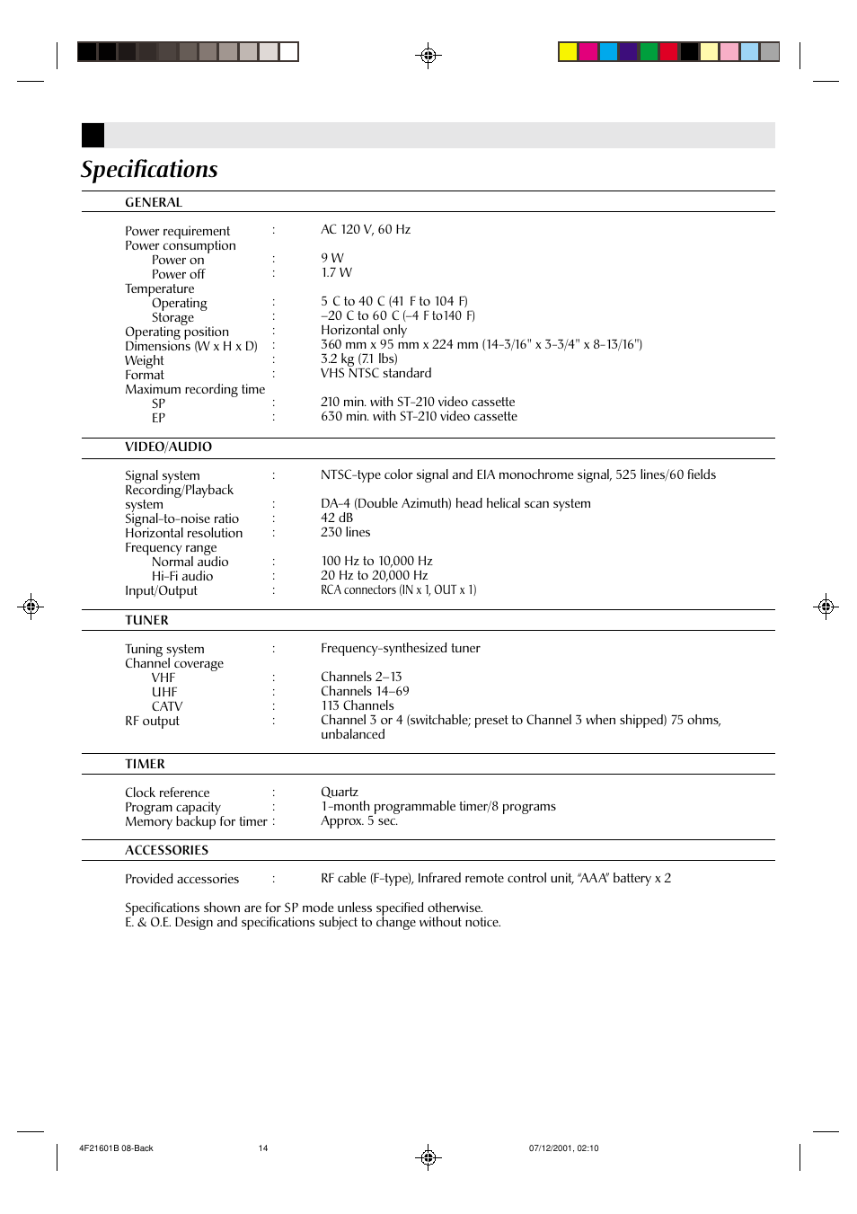 Specifications | JVC HR-A591U User Manual | Page 14 / 16