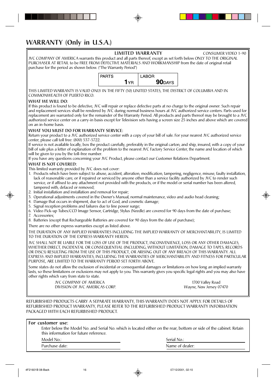 Warranty (only in u.s.a.) | JVC HR-A591U User Manual | Page 16 / 16
