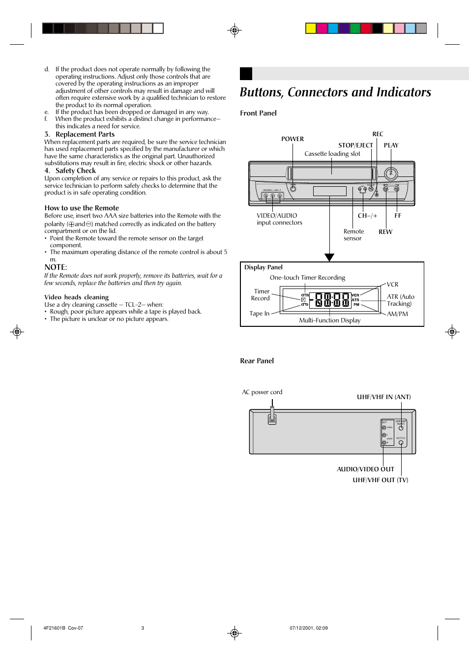 Buttons, connectors and indicators, Replacement parts, Safety check | How to use the remote, Front panel, Rear panel | JVC HR-A591U User Manual | Page 3 / 16
