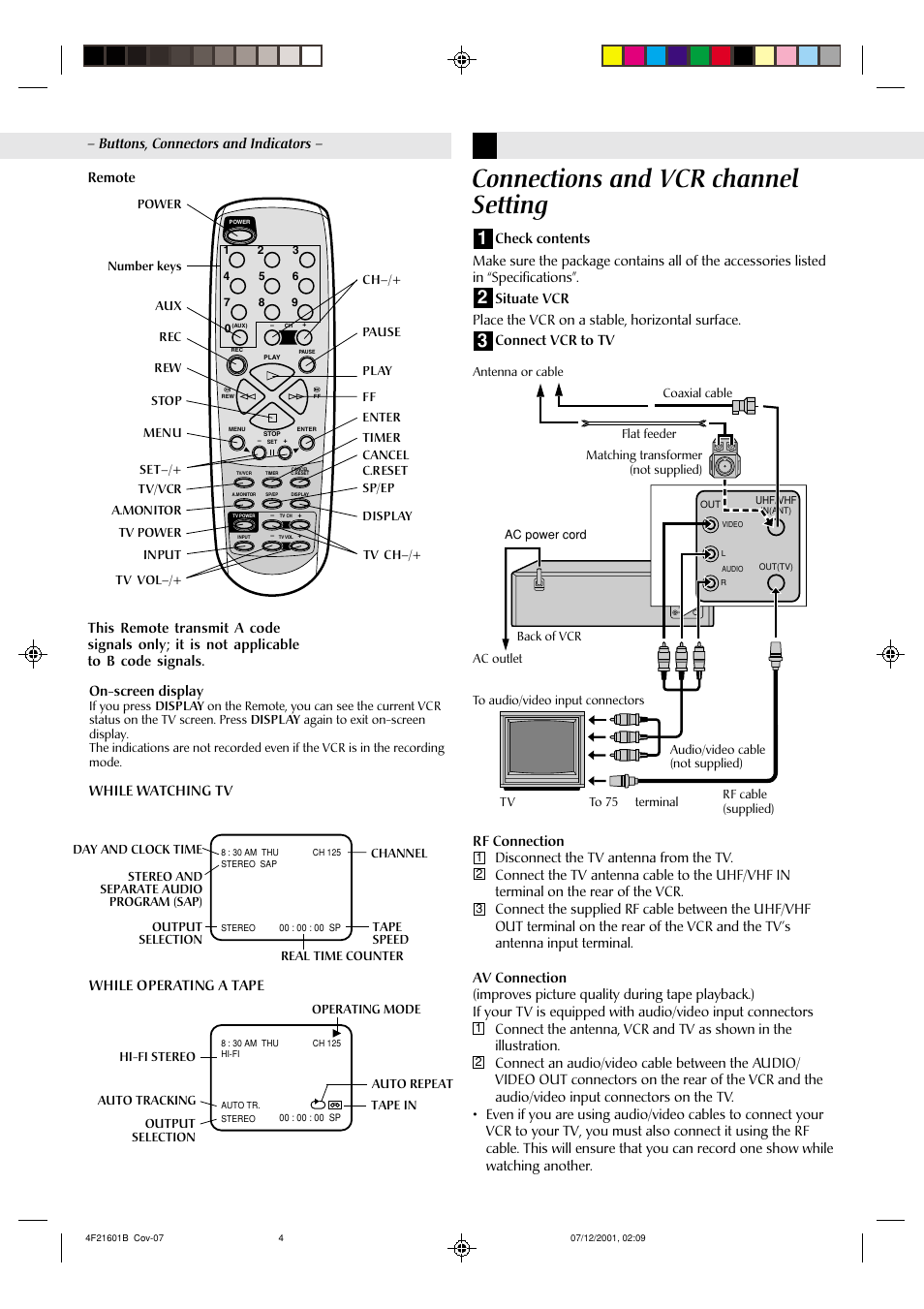 Connections and vcr channel setting, Remote, On-screen display | While operating a tape while watching tv, Buttons, connectors and indicators | JVC HR-A591U User Manual | Page 4 / 16