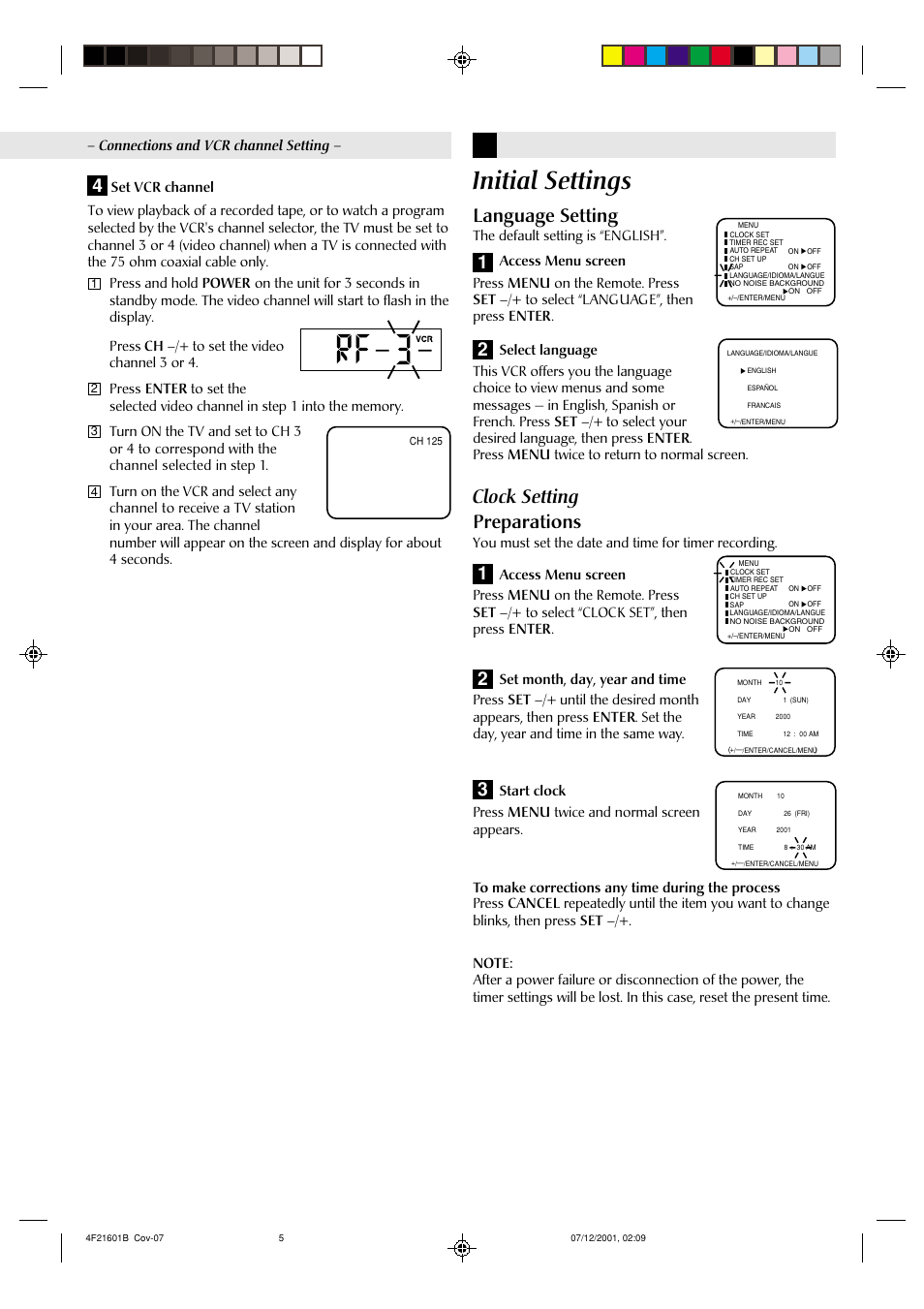 Initial settings, 4language setting, Clock setting | Preparations 1 2 3 | JVC HR-A591U User Manual | Page 5 / 16
