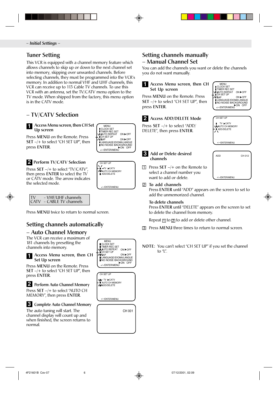 Tv/catv selection, Tuner setting, Setting channels manually – manual channel set | JVC HR-A591U User Manual | Page 6 / 16