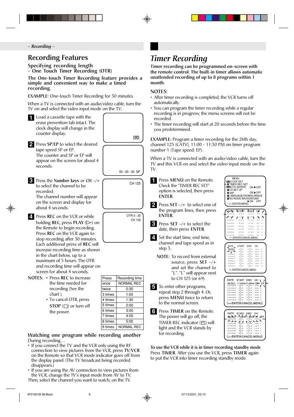 Timer recording, Recording features, Watching one program while recording another | JVC HR-A591U User Manual | Page 9 / 16