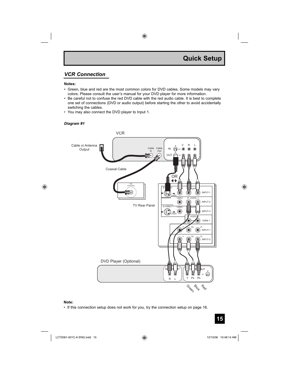 Quick setup, Vcr connection, Dvd player (optional) | JVC HD-52G657 User Manual | Page 15 / 88