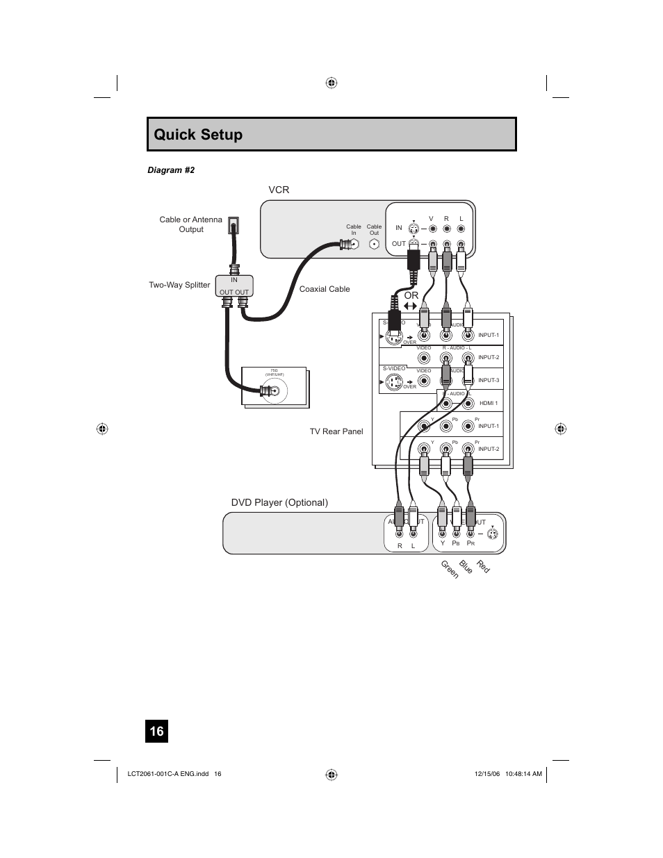 Quick setup, Dvd player (optional) | JVC HD-52G657 User Manual | Page 16 / 88