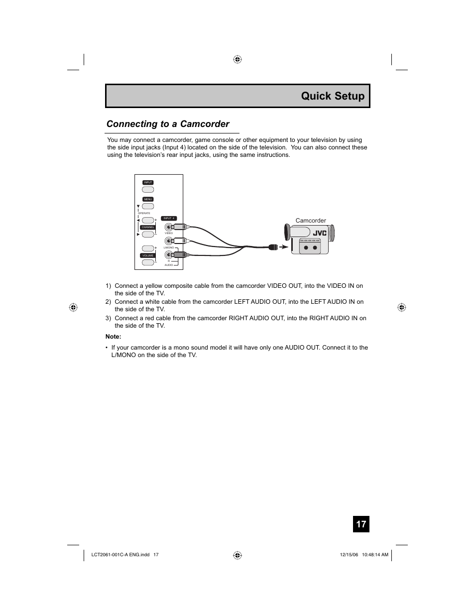 Quick setup, Connecting to a camcorder | JVC HD-52G657 User Manual | Page 17 / 88
