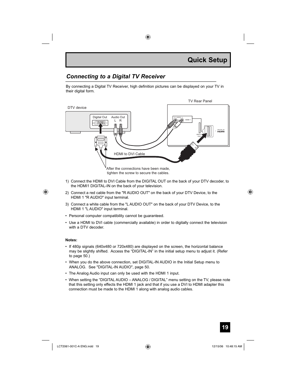 Quick setup, Connecting to a digital tv receiver | JVC HD-52G657 User Manual | Page 19 / 88