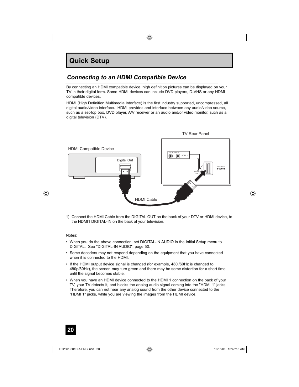 Quick setup, Connecting to an hdmi compatible device | JVC HD-52G657 User Manual | Page 20 / 88