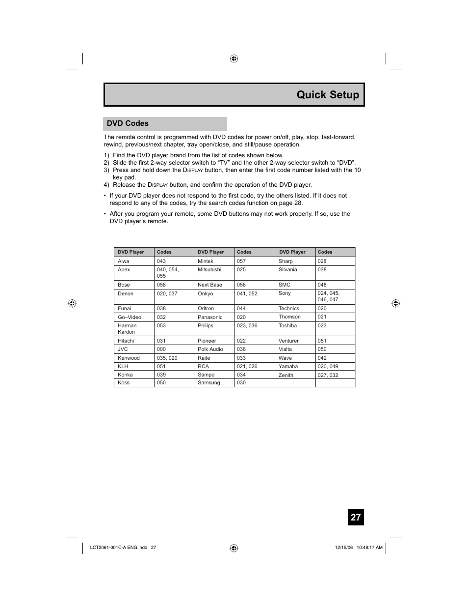 Quick setup, Dvd codes | JVC HD-52G657 User Manual | Page 27 / 88