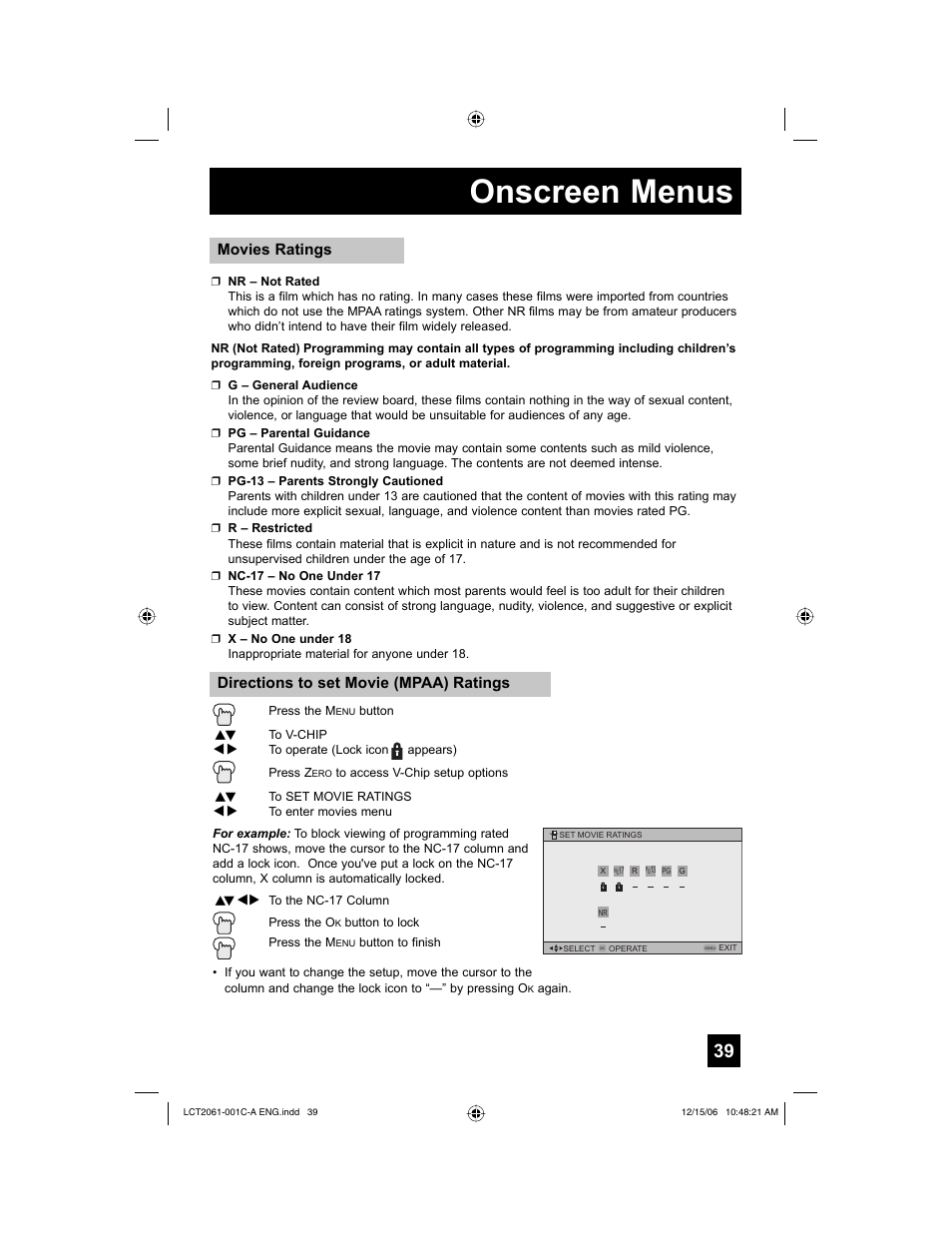 Onscreen menus, Movies ratings, Directions to set movie (mpaa) ratings | JVC HD-52G657 User Manual | Page 39 / 88