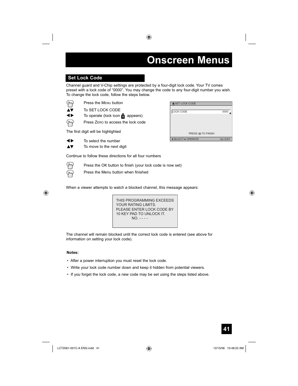 Set lock code, Onscreen menus | JVC HD-52G657 User Manual | Page 41 / 88