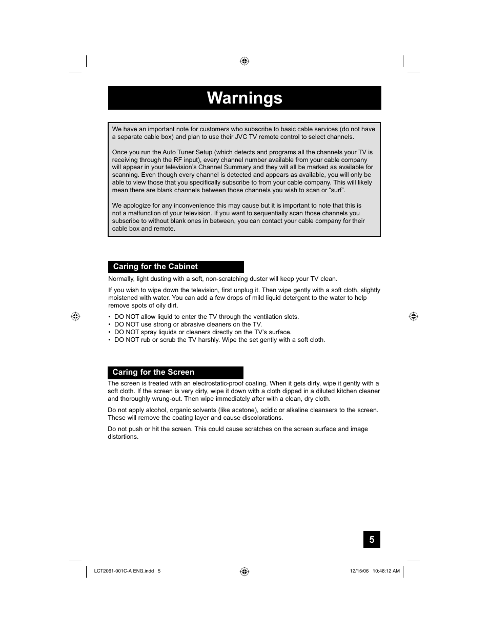 Warnings | JVC HD-52G657 User Manual | Page 5 / 88