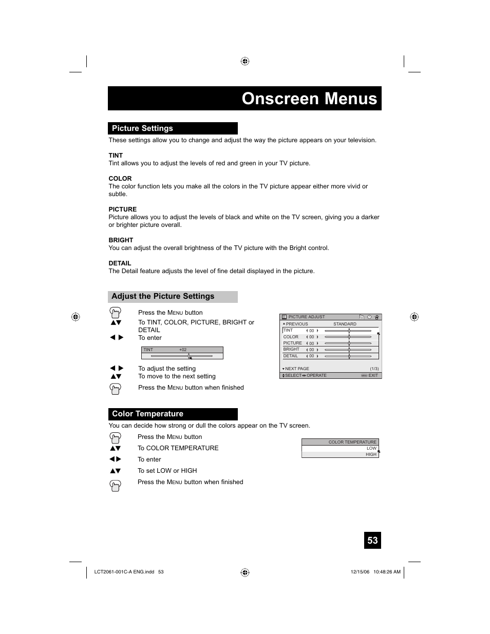 Picture settings, Color temperature, Onscreen menus | JVC HD-52G657 User Manual | Page 53 / 88
