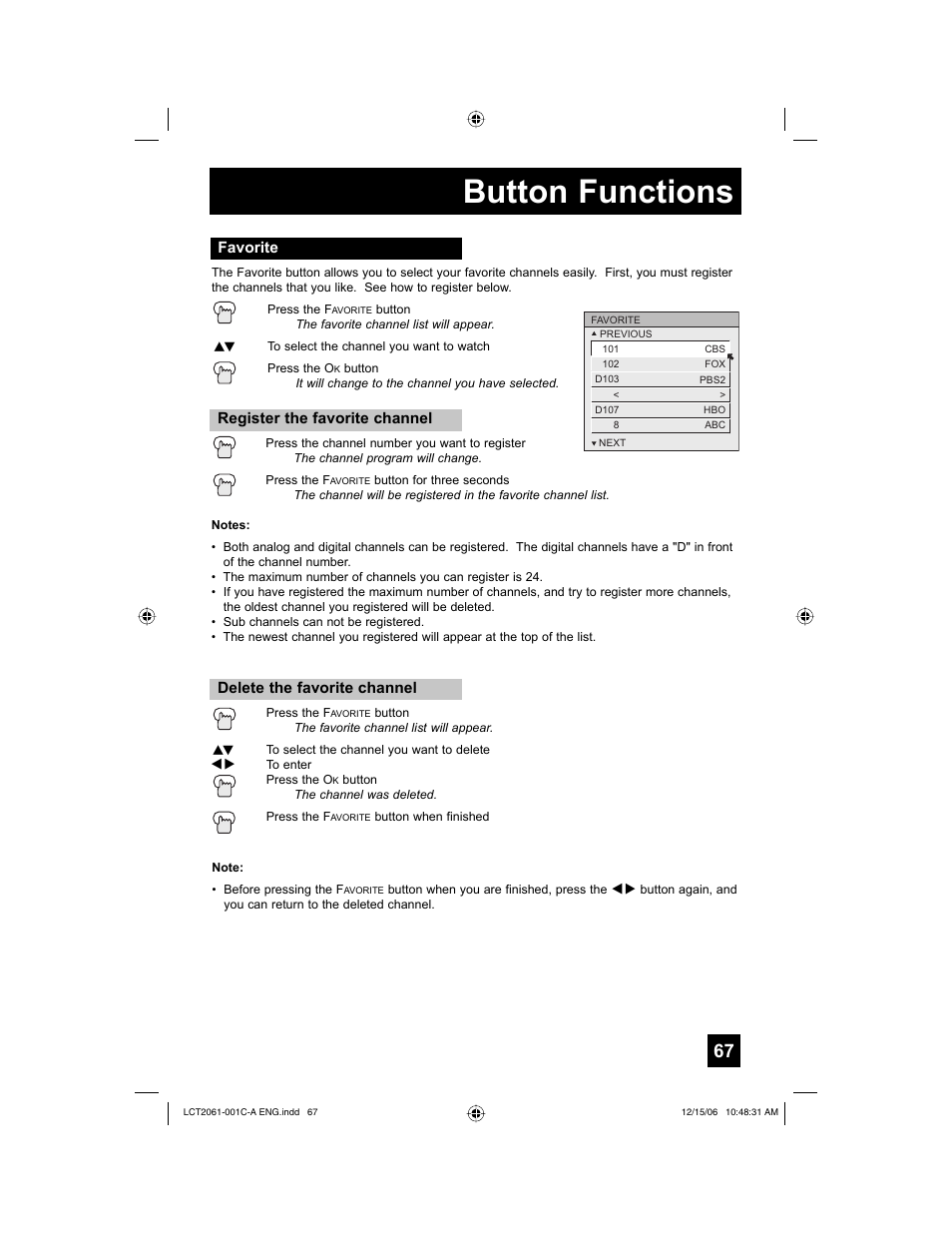Favorite, Button functions | JVC HD-52G657 User Manual | Page 67 / 88