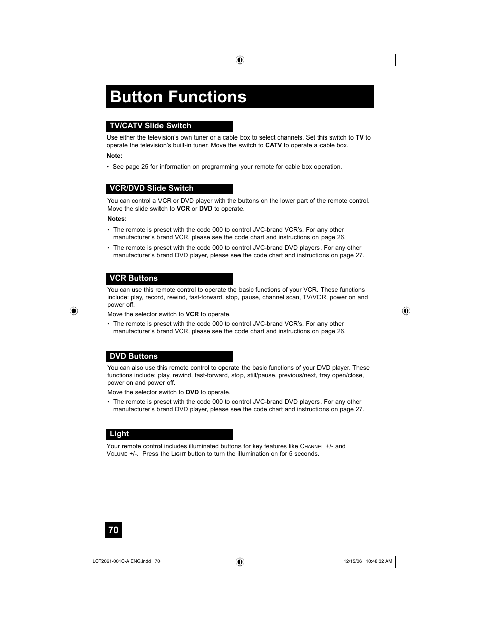 Tv/catv slide switch, Vcr/dvd slide switch, Vcr buttons | Dvd buttons, Light, Button functions | JVC HD-52G657 User Manual | Page 70 / 88