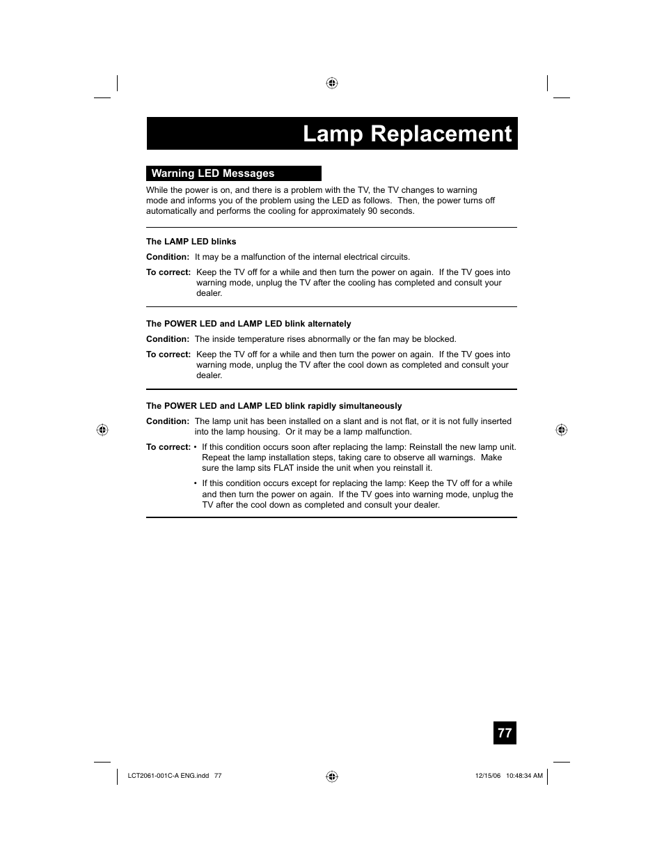 Warning led messages, Lamp replacement | JVC HD-52G657 User Manual | Page 77 / 88