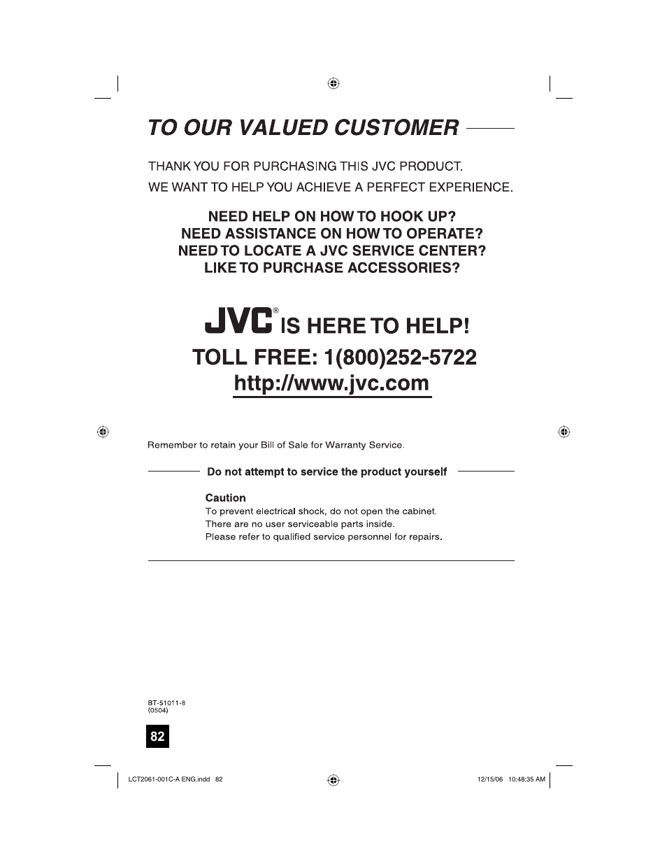 To our valued customer | JVC HD-52G657 User Manual | Page 82 / 88