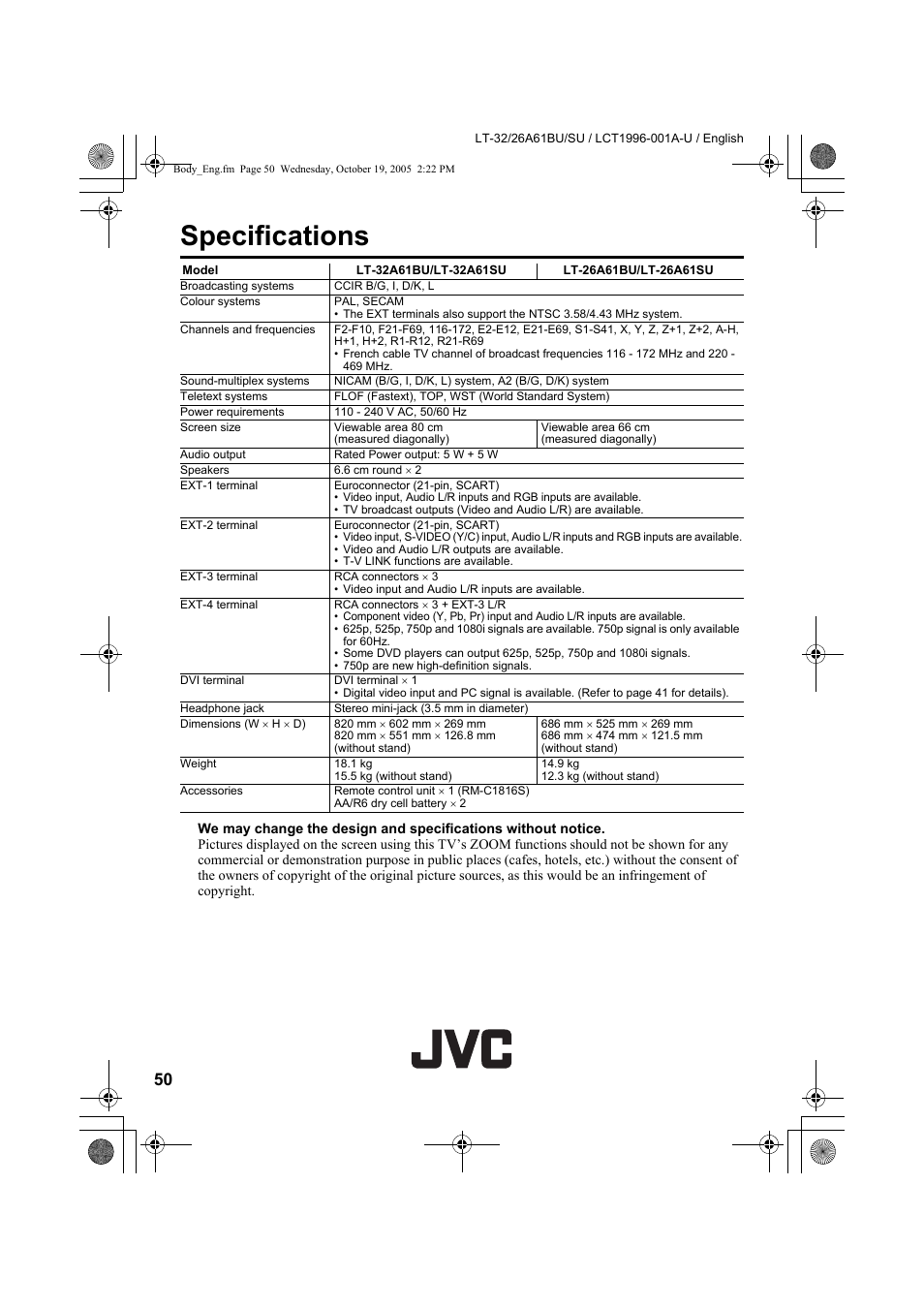 Specifications | JVC WIDE LCD PANEL TV LT-26A61BJ User Manual | Page 103 / 104