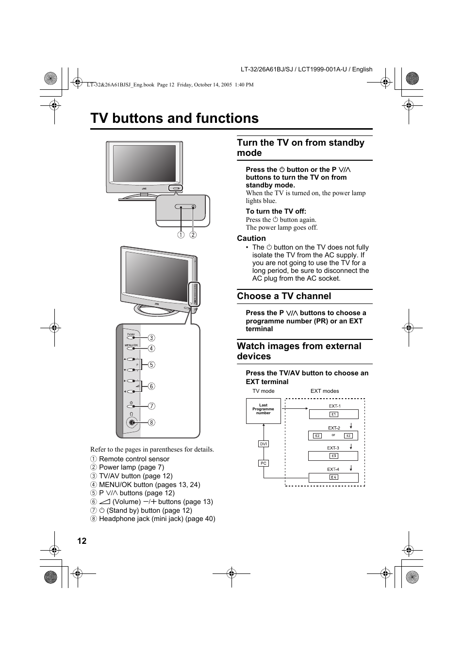 Tv buttons and functions, Turn the tv on from standby mode, Choose a tv channel | Watch images from external devices | JVC WIDE LCD PANEL TV LT-26A61BJ User Manual | Page 14 / 104