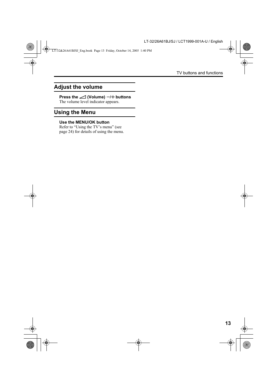 Adjust the volume, Using the menu, Adjust the volume using the menu | Es 13 | JVC WIDE LCD PANEL TV LT-26A61BJ User Manual | Page 15 / 104
