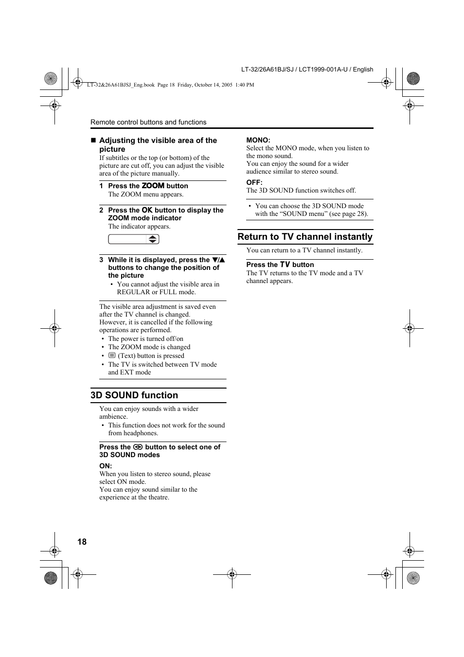3d sound function, Return to tv channel instantly, 3d sound function return to tv channel instantly | JVC WIDE LCD PANEL TV LT-26A61BJ User Manual | Page 20 / 104