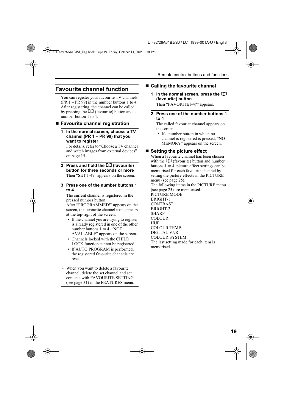 Favourite channel function | JVC WIDE LCD PANEL TV LT-26A61BJ User Manual | Page 21 / 104