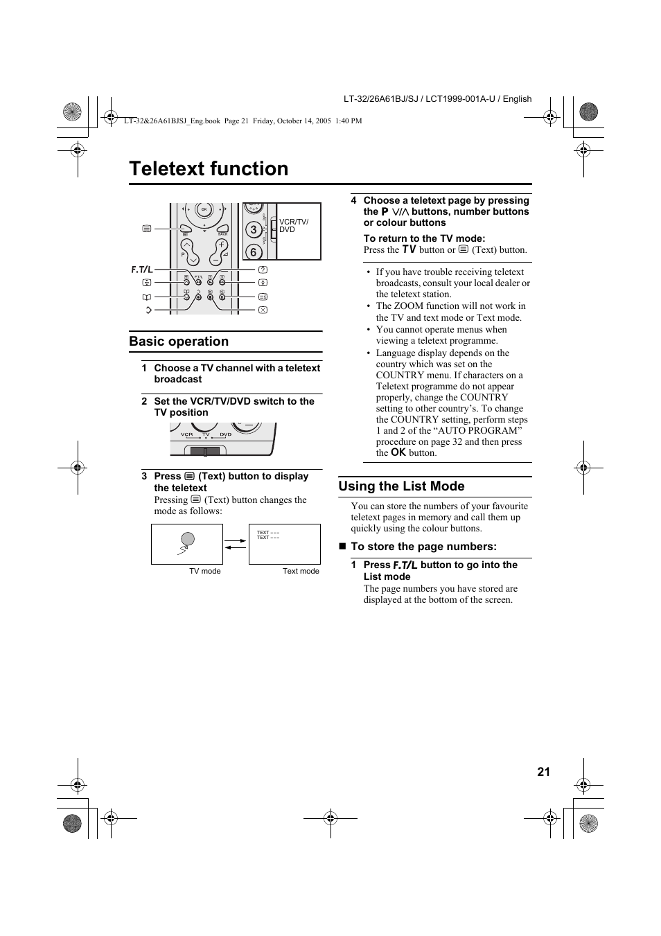 Teletext function, Basic operation, Using the list mode | Basic operation using the list mode | JVC WIDE LCD PANEL TV LT-26A61BJ User Manual | Page 23 / 104