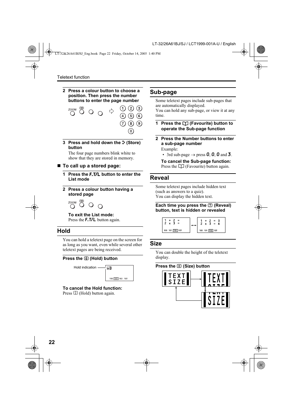 Hold, Reveal, Size | Sub-page | JVC WIDE LCD PANEL TV LT-26A61BJ User Manual | Page 24 / 104