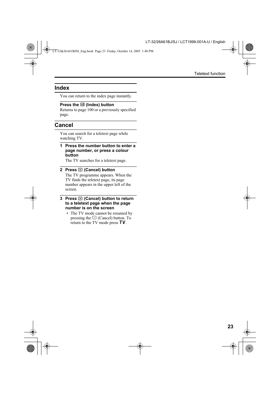 Index, Cancel, Index cancel | JVC WIDE LCD PANEL TV LT-26A61BJ User Manual | Page 25 / 104