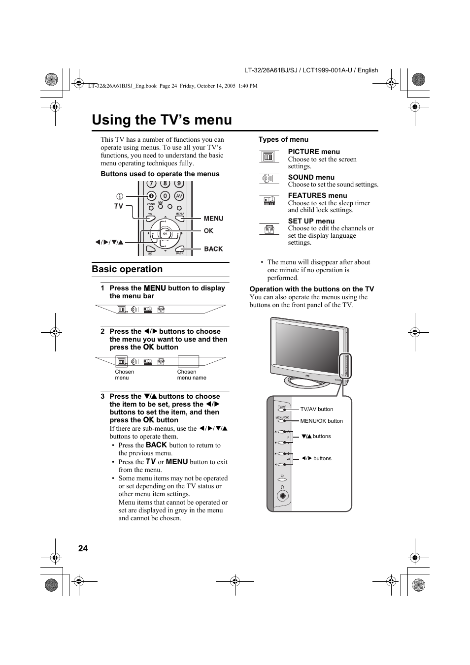 Using the tv’s menu, Basic operation | JVC WIDE LCD PANEL TV LT-26A61BJ User Manual | Page 26 / 104