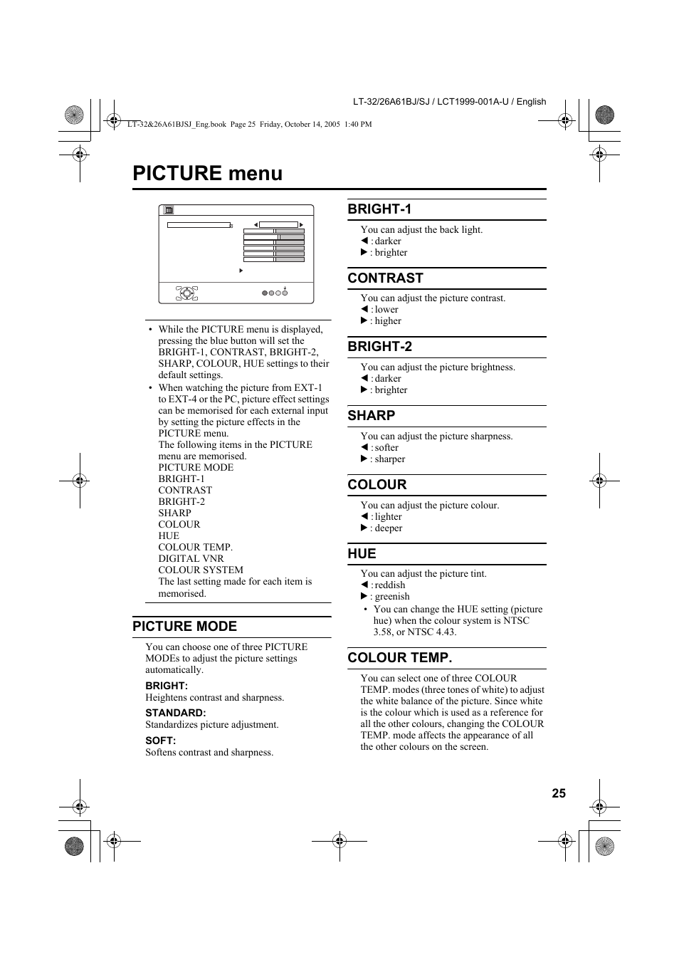 Picture menu, Picture mode, Bright-1 | Contrast, Bright-2, Sharp, Colour, Colour temp | JVC WIDE LCD PANEL TV LT-26A61BJ User Manual | Page 27 / 104