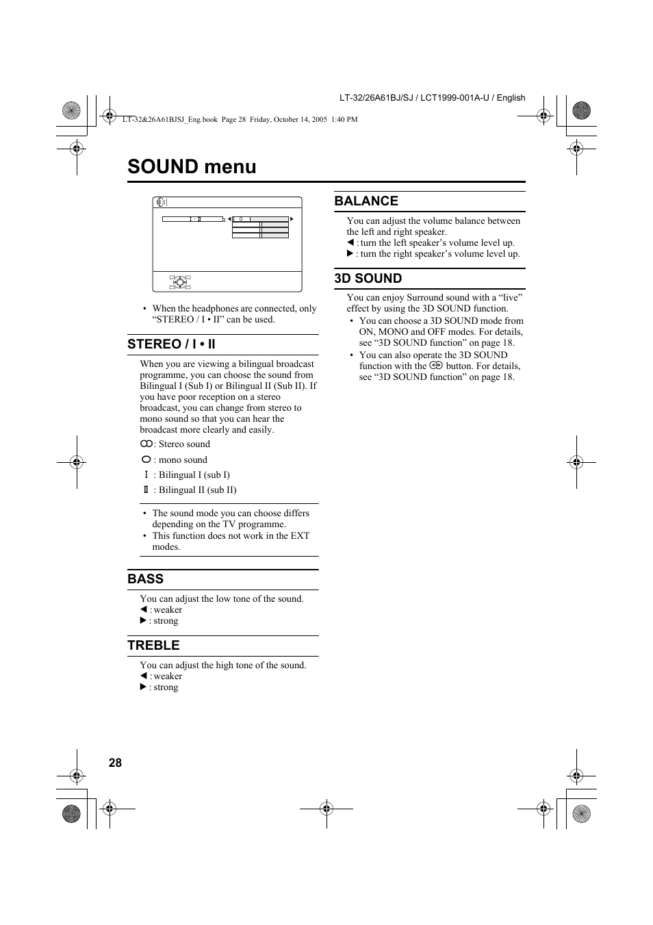 Sound menu, Stereo / i • ii, Bass | Treble, Balance, 3d sound, Stereo / i • ii bass treble balance 3d sound | JVC WIDE LCD PANEL TV LT-26A61BJ User Manual | Page 30 / 104