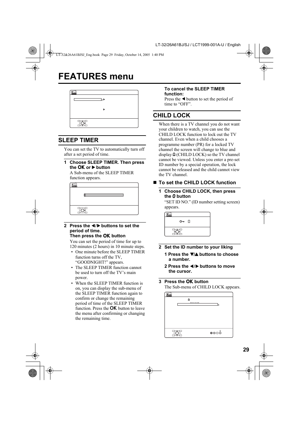 Features menu, Sleep timer, Child lock | Sleep timer child lock | JVC WIDE LCD PANEL TV LT-26A61BJ User Manual | Page 31 / 104